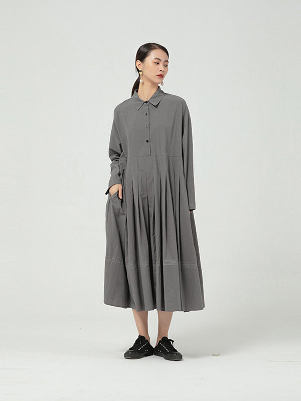 Solid Color Long Sleeve Pleated Maxi Dress