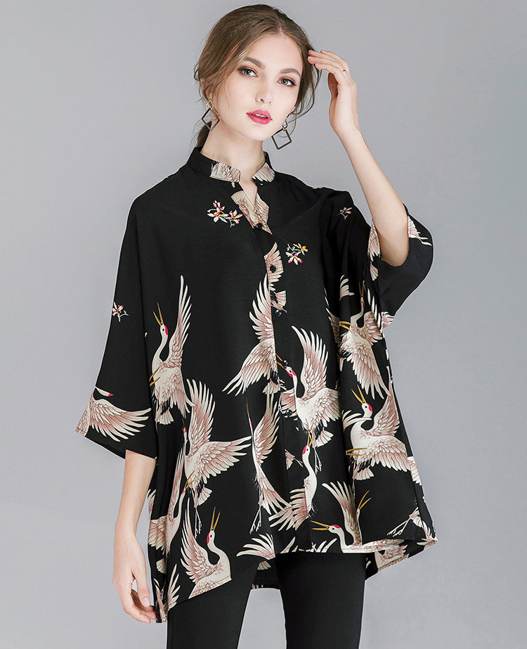 Crane Print Loose Oversized Shirt