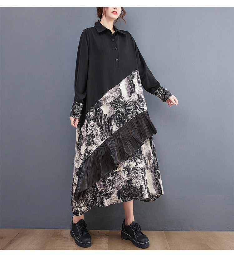 Loose Print Patchwork Shirt Midi Dress