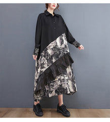 Loose Print Patchwork Shirt Midi Dress