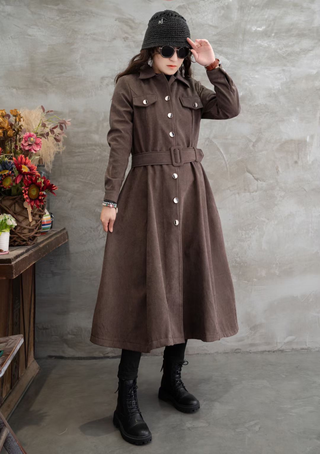 Retro Solid Color Snow Fleece Midi Shirt Dress