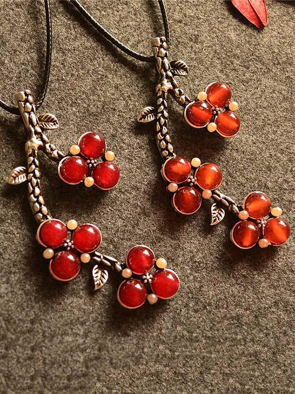 National Branch&Cherry Ramie Cloths Matching Necklace