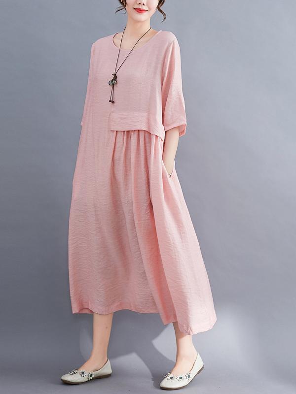 Loose Solid Color Round Neck Dress