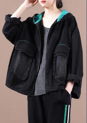 Loose Splicing Denim Hoodie Outwear