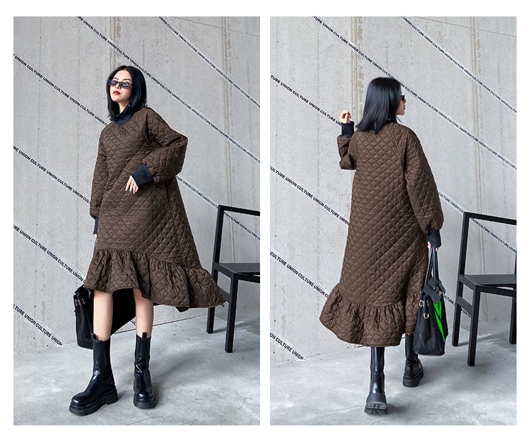 Casual Ruffled Solid Color Plaid Midi Dress