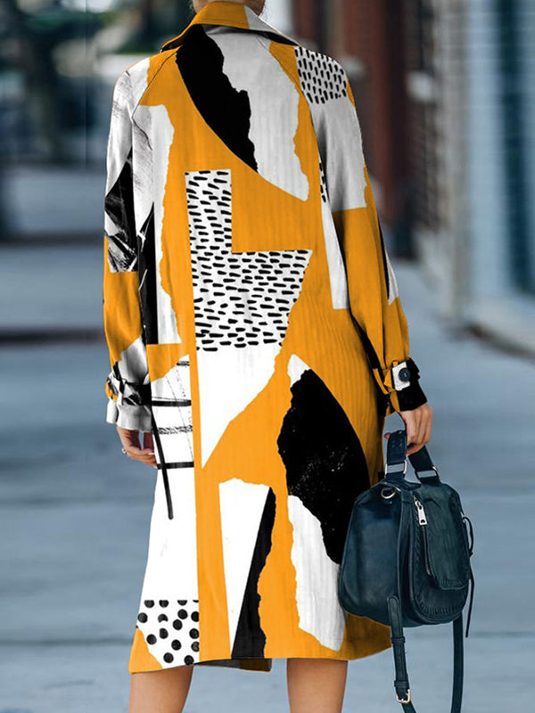Casual Irregular Printed Lapel Midi Outerwear