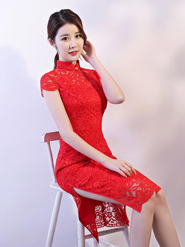 Red Lace See-through Split-side Short Cheongsam