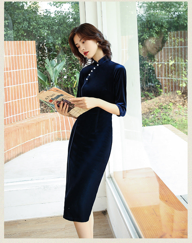 Vintage Stand Up Collar Black Seven Part Sleeve Cheongsam Maxi Dress