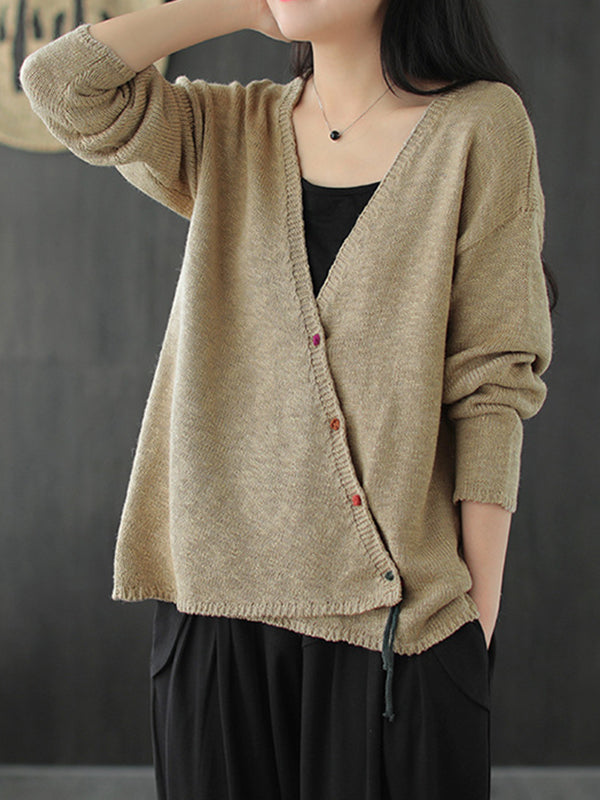 Solid V-Neck Loose Retro Cardigan Outwear