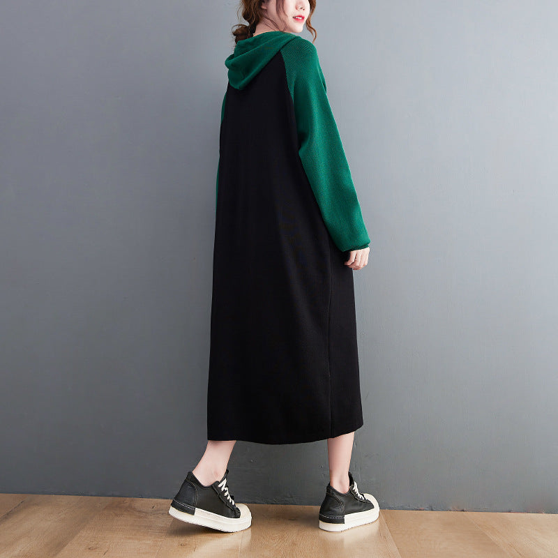 Retro Loose Color-Block Hooded Midi Dress