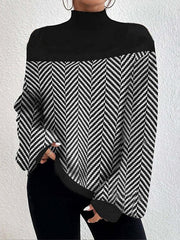 Long Sleeves Loose Split-Joint Striped High Neck Knitwear Pullovers Sweater Tops