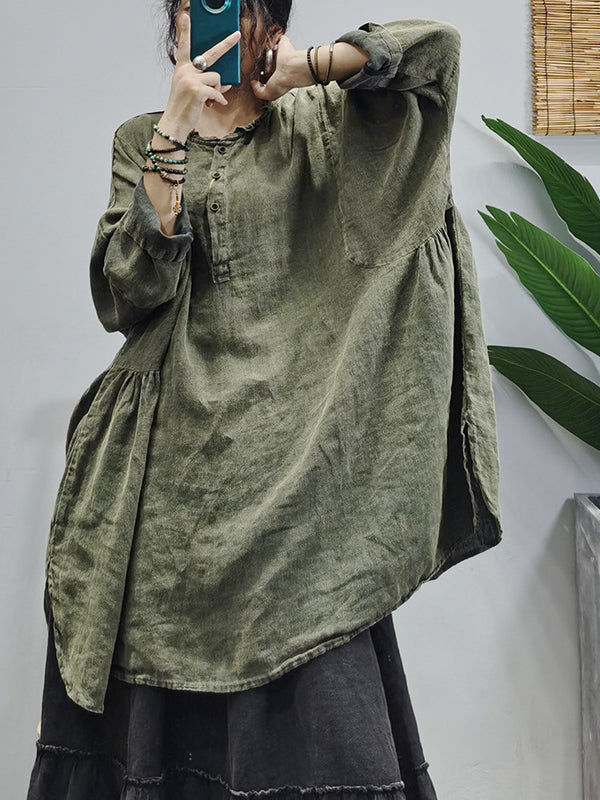 Retro Solid Color Washed Older Long Sleeve Midi Dress