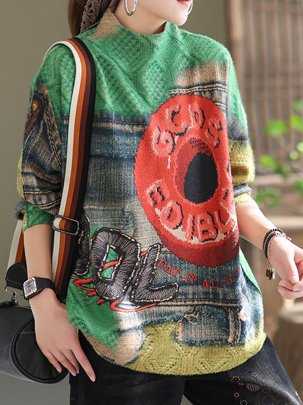 Retro Printed Half High Collar Sweater