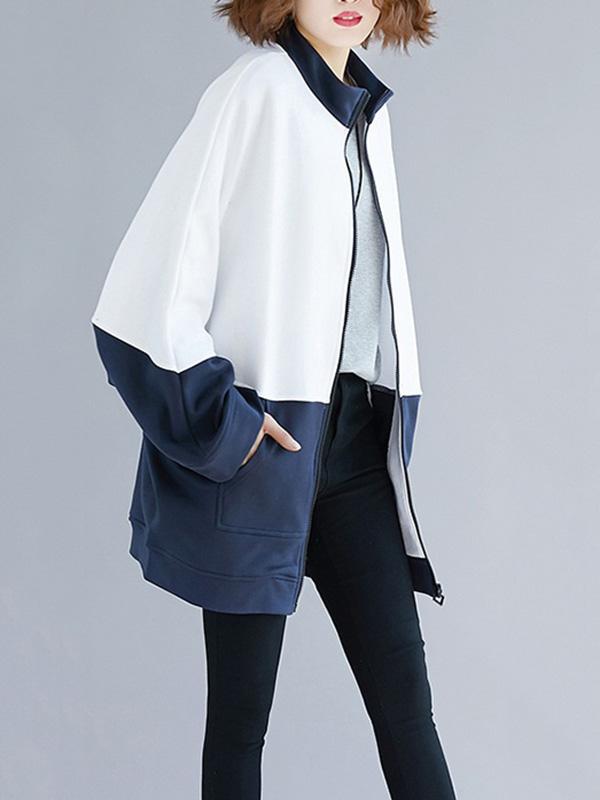 Contrast Color Bat Sleeve Zipper Outwear