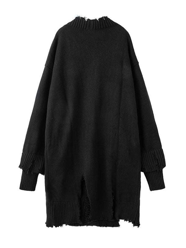 Simple Black Solid Color Knitted Midi Outwear