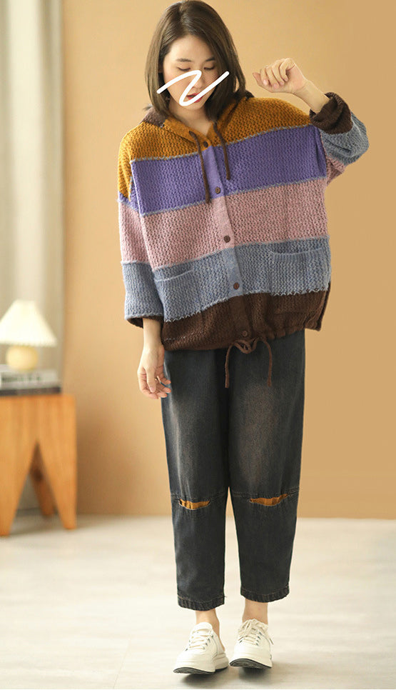 Casual Color Striped Hooded Knit Sweater