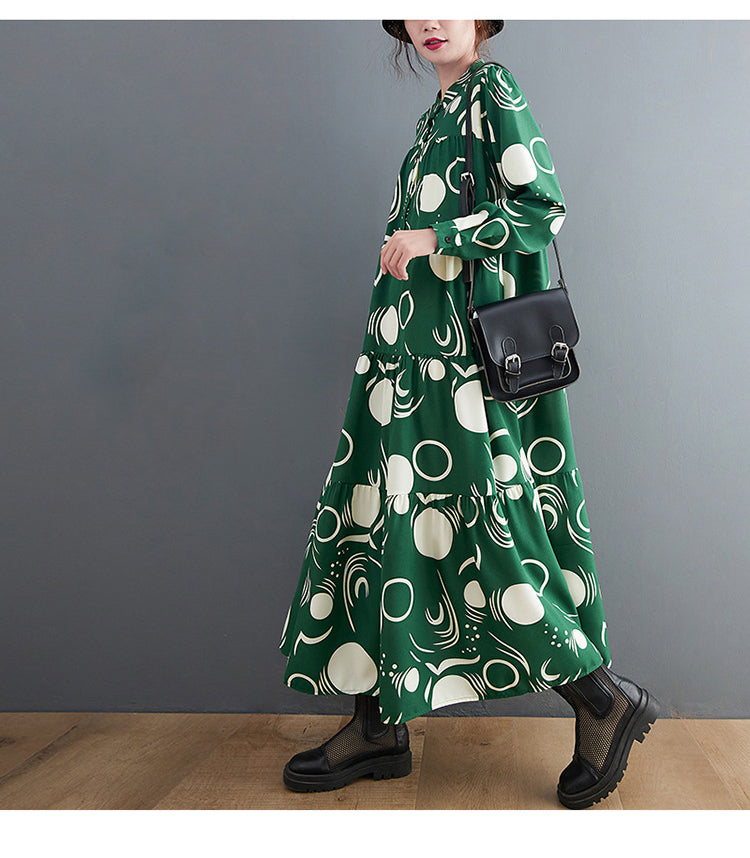 Vintage Print Long Sleeve Midi Dress