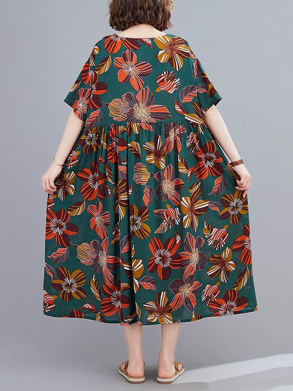Vintage Floral Round-Neck Short Sleeve Dress