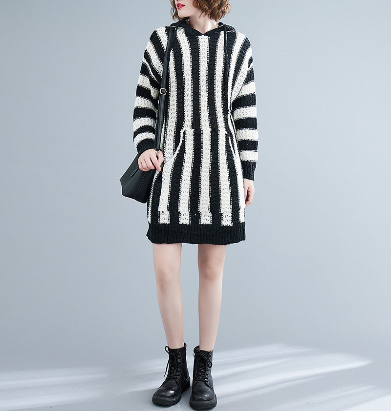 Loose Striped Hooded Knitted Mini Dress