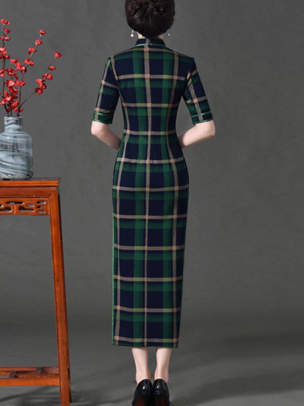 Vintage Plaid Split-Side Long Cheongsams