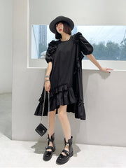 Retro Round Neck Puff Sleeve Irregular Dress