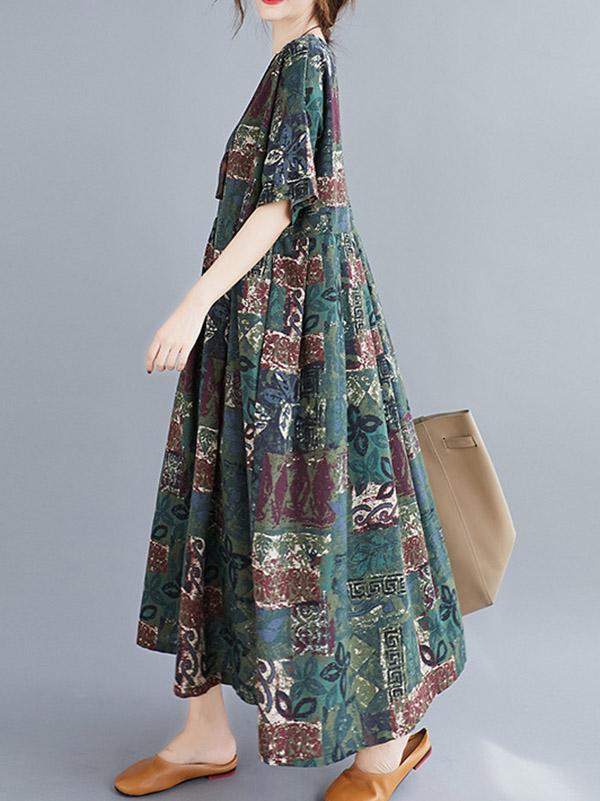 Artistic Retro Printed Round-Neck Dress