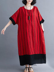 Loose Striped Split-Joint Cotton Dress