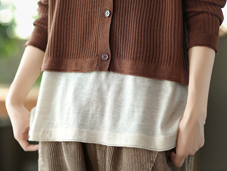 Retro Color-Block Fake Two-Piece Knitted Sweater Cardigan