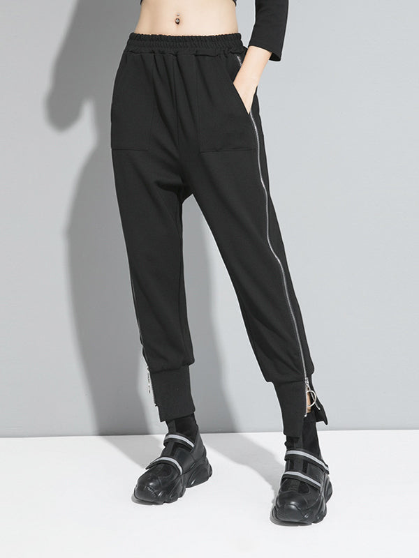 Women Zipper Elastic Waist Casual Pants