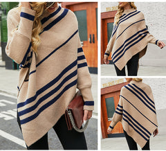 Casual Striped Knitted Round-Neck Shawl Sweater