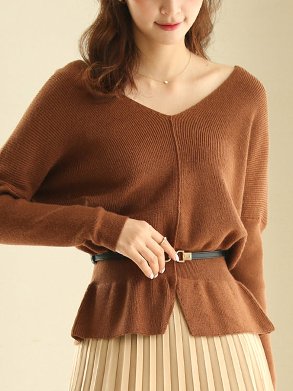 Women Loose Long Sleeve V-Neck Sweater