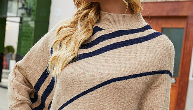 Casual Striped Knitted Round-Neck Shawl Sweater