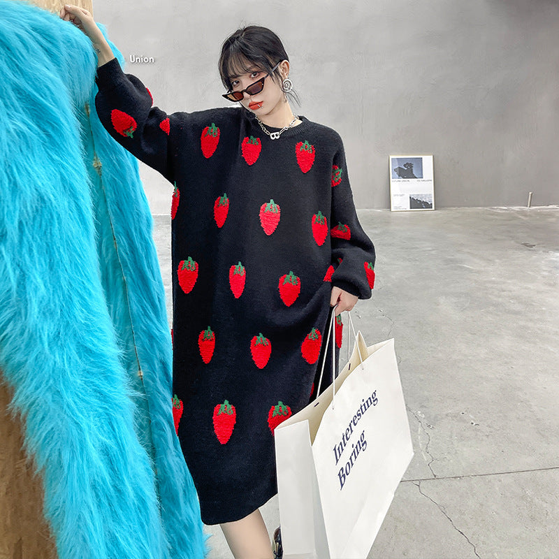Loose Strawberry Jacquard Knit Midi Dress