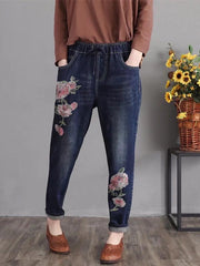 National Flower Embroidered Retro Harem Pants