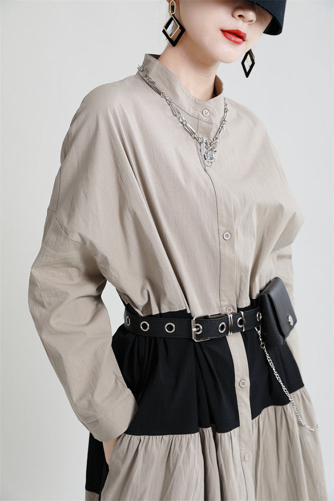 Stitching Contrast Color Loose Big Swing Long Sleeve Dress