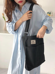 Simple Solid Color With-pockets Canvas Handbag