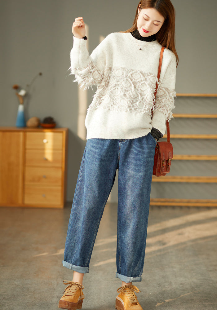 Vintage Jacquard Tassel Round Neck Knitted Loose Sweater