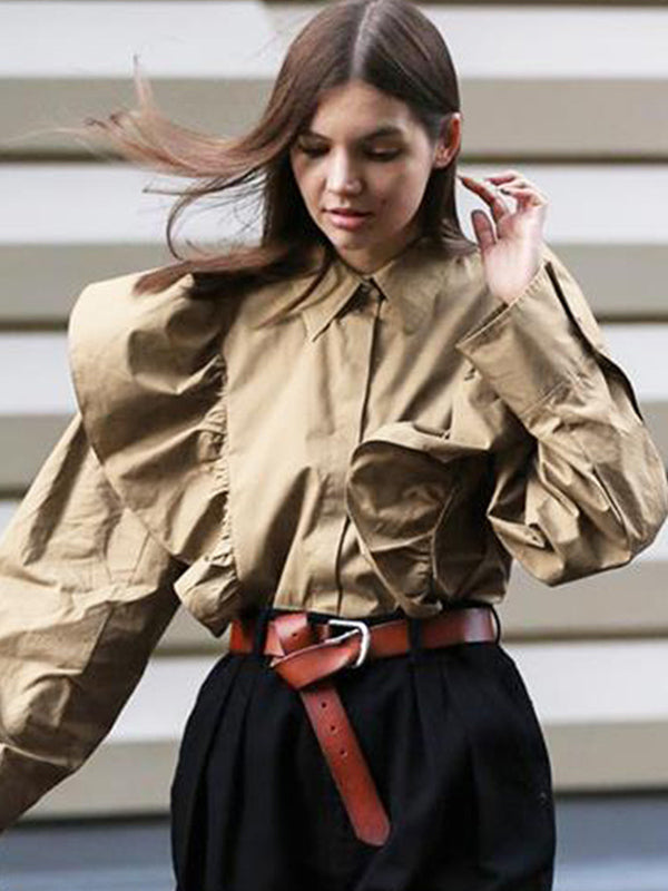 Solid Color Long Sleeve Shirt With Ruffle Design
