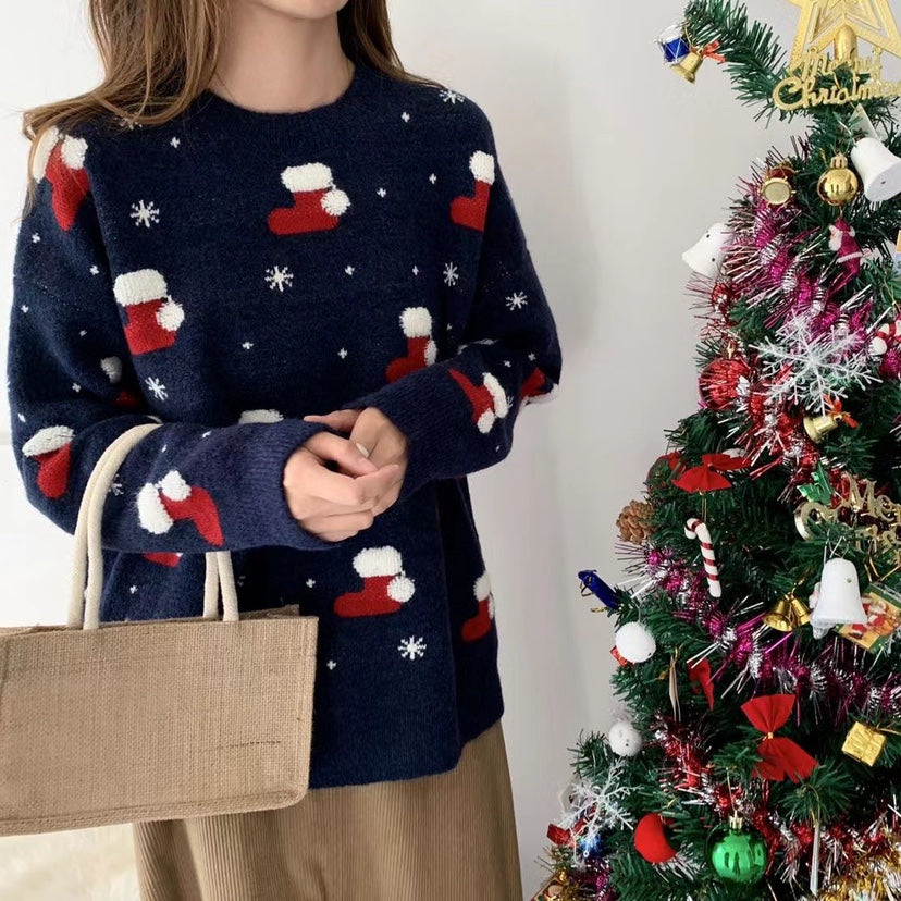 Christmas Shoes Print Loose Sweater