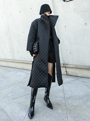 Black Rhombic Split-Side High Collar Long Coat