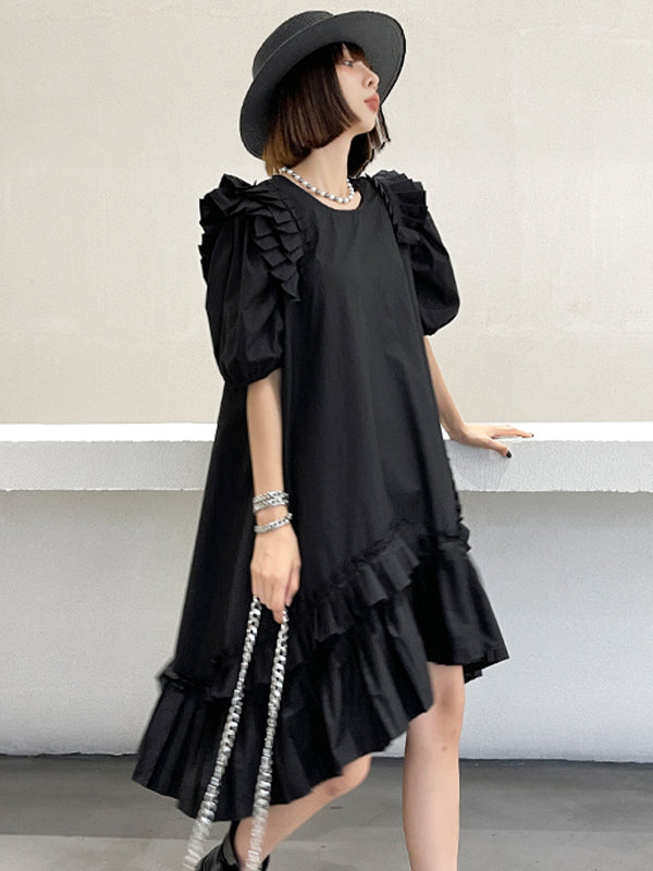 Retro Round Neck Puff Sleeve Irregular Dress