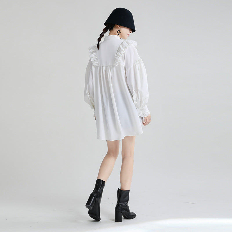 Irregular Tie Long Sleeve Loose White Shirt