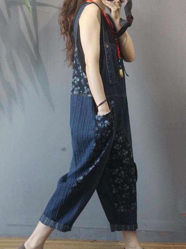 Loose Stripe Splicing Printed Jumpsuit