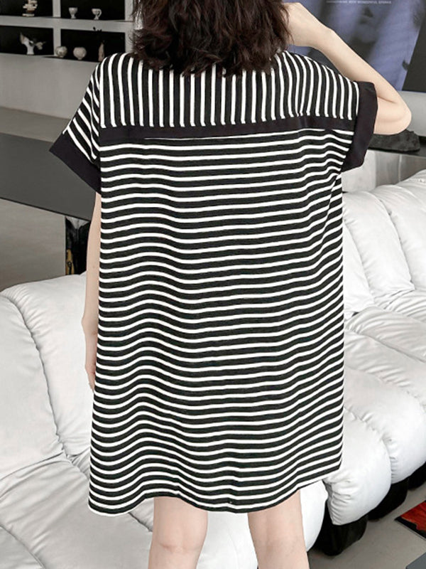 Roomy Short Sleeves Contrast Color Split-Joint Striped Lapel Mini Dresses