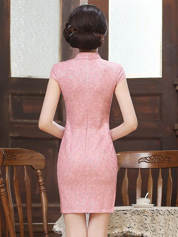 Pink Lace Hollow Short Cheongsam