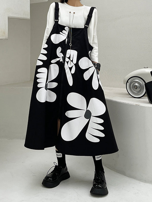 Printed Flowers Zipper Suspender Midi Dress