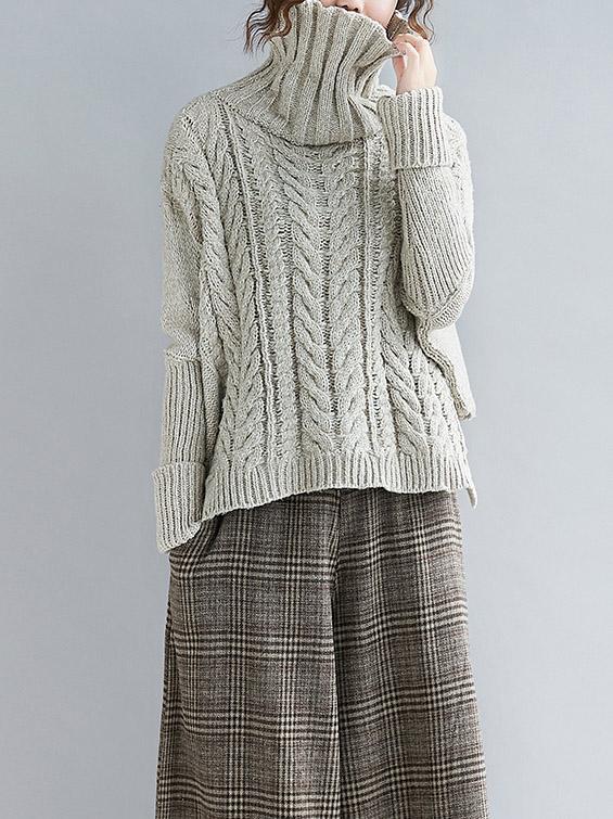 Cable- Knit High-neck Solid Loose Sweater