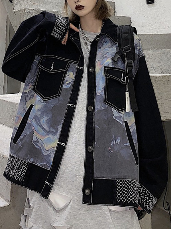 Women Printed Loose Denim Jacket