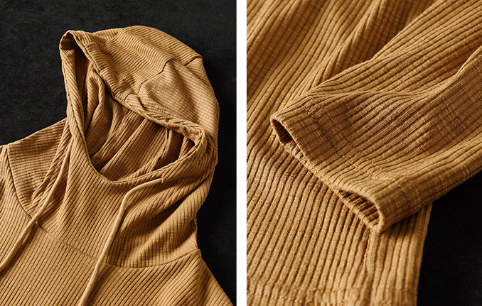 Solid Color Pit Striped Hooded Loose T-Shirt