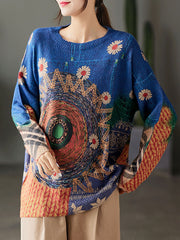 Retro Contrast Color Print Knit Round Neck Sweater